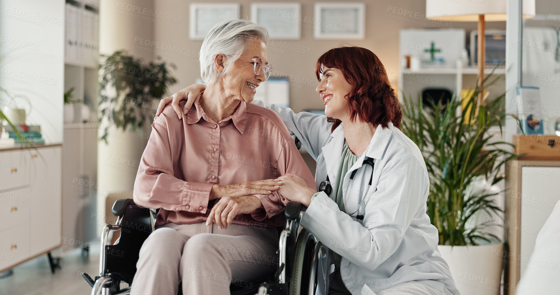 Buy stock photo Healthcare, doctor and senior patient in wheelchair for support, recovery or wellness with smile. Hospital, women or elderly person with disability for rehabilitation, medical help or happy in clinic