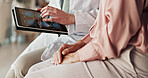 Hands, patient and doctor with tablet, screen and healthcare with neurosurgeon. Closeup, medical or elderly person in office, diagnosis or tech for treatment, results or professional with brain scans