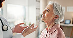 Office, neck and old woman in consultation with doctor for medical health at senior care clinic. Throat, glands and elderly patient with healthcare professional for cancer check up, advice or exam