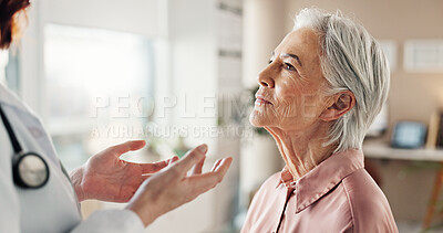 Buy stock photo Office, neck and old woman in consultation with doctor for medical health at senior care clinic. Throat, glands and elderly patient with healthcare professional for cancer check up, advice or exam