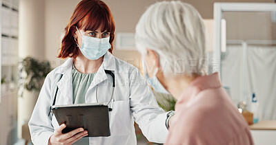 Buy stock photo Mask, patient and doctor with consultation, tablet and appointment with treatment. Healthcare, pensioner and medical with professional, face cover and technology with safety, connection and advice