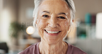 Buy stock photo Mature woman, portrait and smile with dental treatment, whitening results and cleaning confidence. Hygiene, mouth health and cosmetics for dentures, oral care and satisfaction for teeth aesthetic