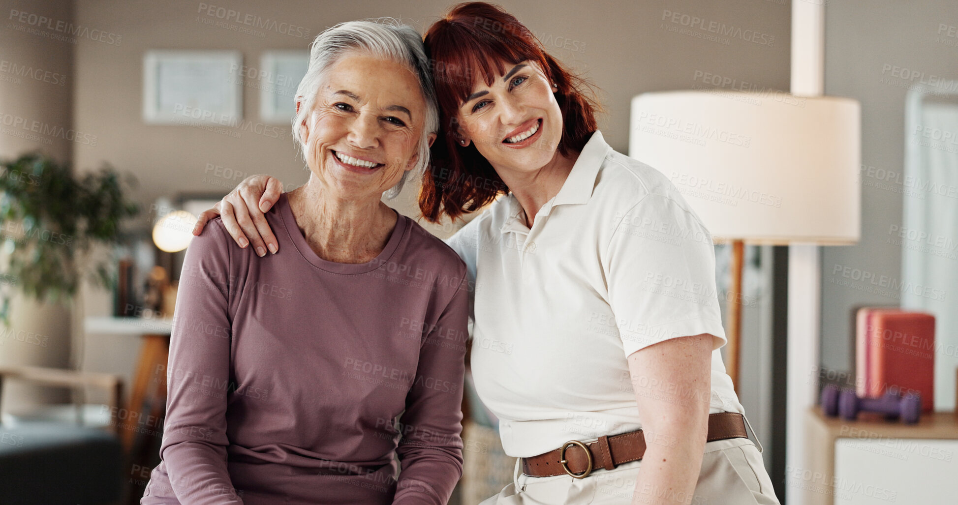 Buy stock photo Physiotherapy, portrait and healthcare with senior woman, smile and hug for helping and medical advice. Physical therapy, recovery and rehabilitation with happy patient and doctor for clinic support
