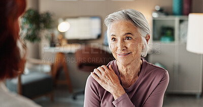 Buy stock photo Physiotherapy, helping and healthcare with old woman and shoulder pain for consulting, medical and arthritis. Physical therapy, advice and rehabilitation with senior patient and doctor for support