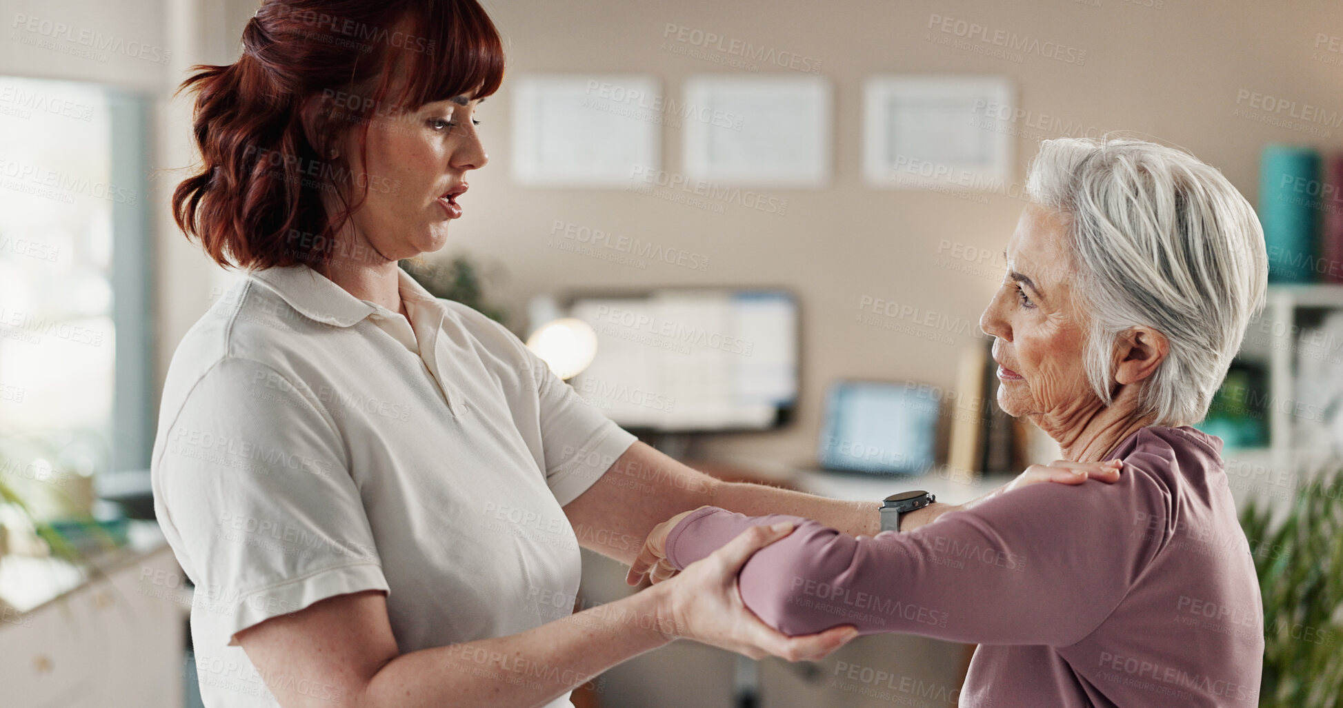Buy stock photo Physio, arm and senior woman with support, patient and rehabilitation in clinic with stretching. Physical therapy, helping and healing assessment of doctor with arthritis care and joint checking