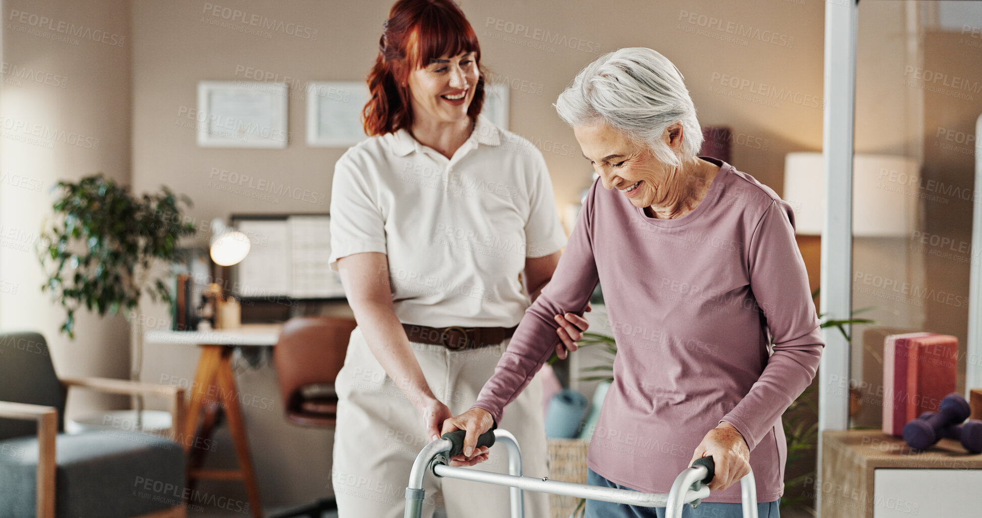 Buy stock photo Walker, physiotherapy and helping with old woman in office for support, osteoporosis or rehabilitation. Medical, healthcare and physical therapy with senior person with a disability for advice