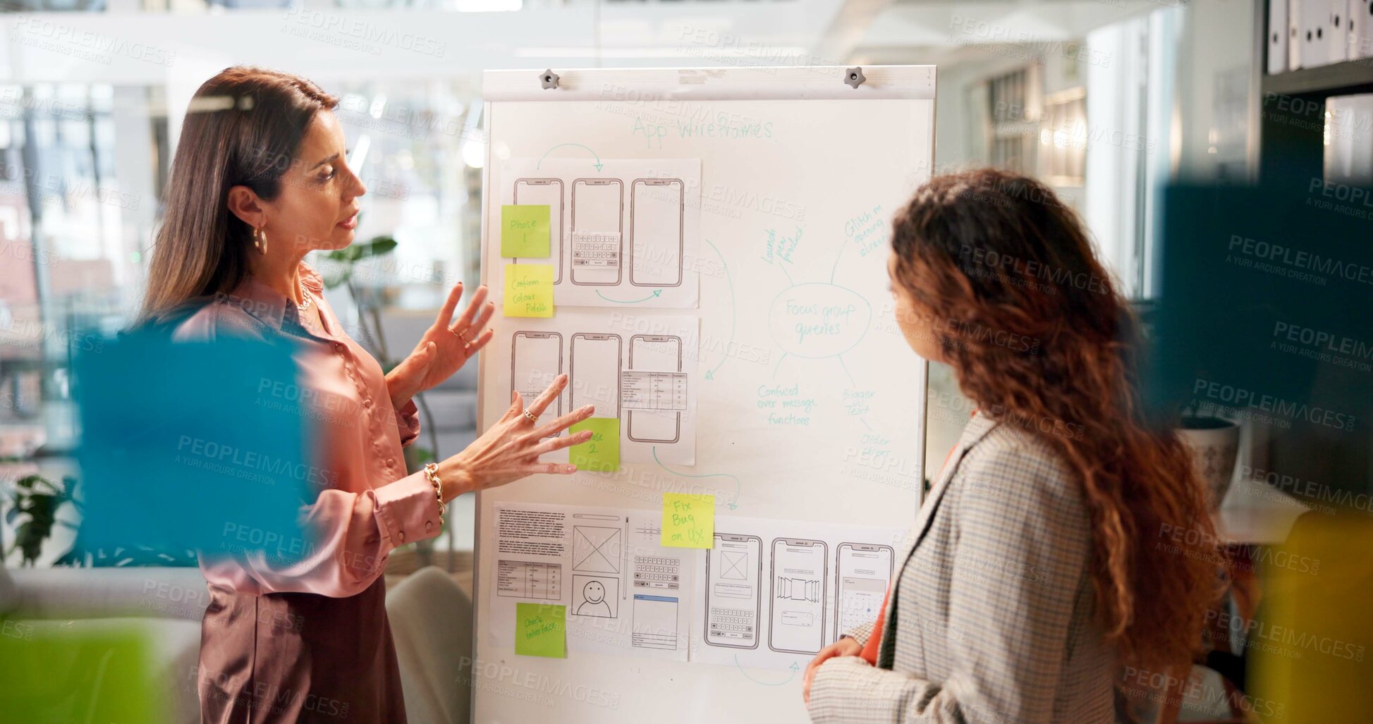 Buy stock photo Business people, whiteboard and presentation for strategy, brainstorming and app development proposal. Entrepreneur, board and sticky note for ux design, wireframe or smartphone innovation with pitch