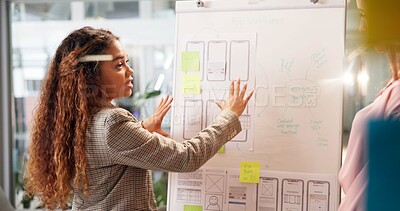 Buy stock photo Business people, whiteboard and discussion for strategy, planning and app development with proposal. Entrepreneur, board and sticky note for ux design, wireframe and smartphone innovation with pitch