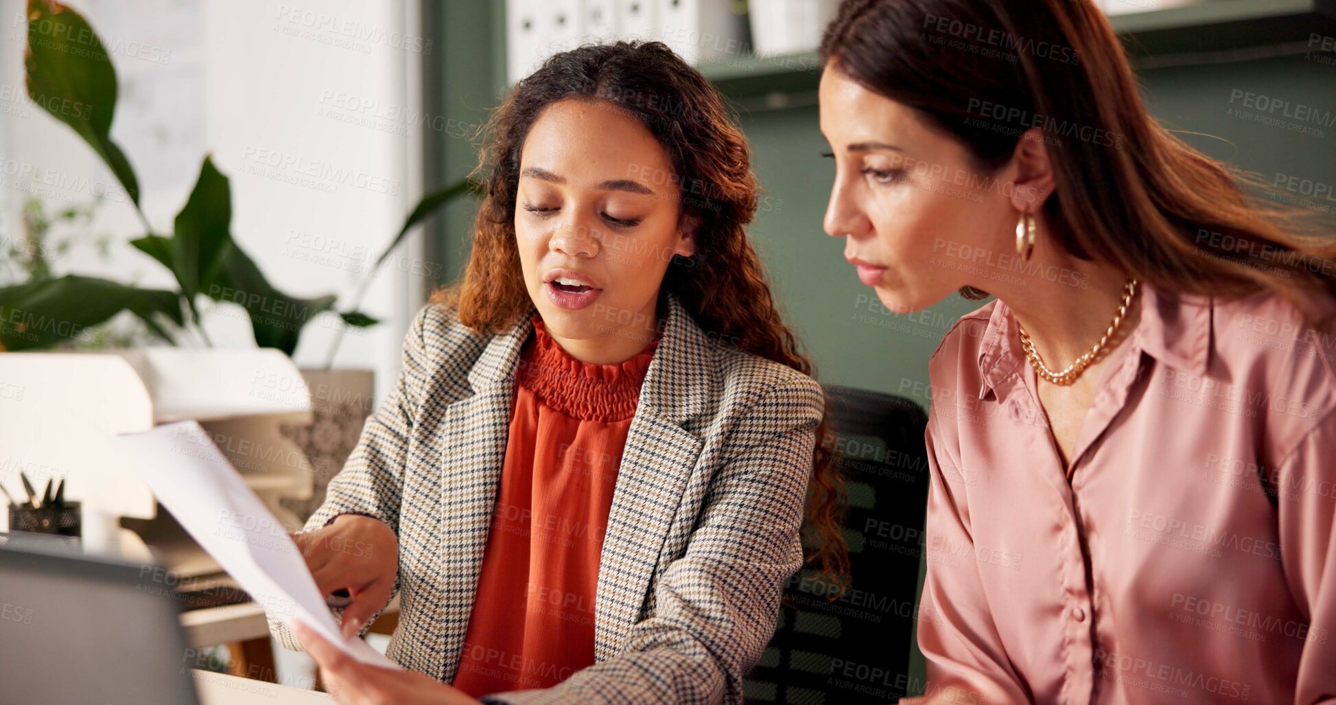 Buy stock photo Talking, reading and financial advisor with client for document, investment discussion and tips. Business office, women and planning with paperwork for policy review, guidance and corporate meeting