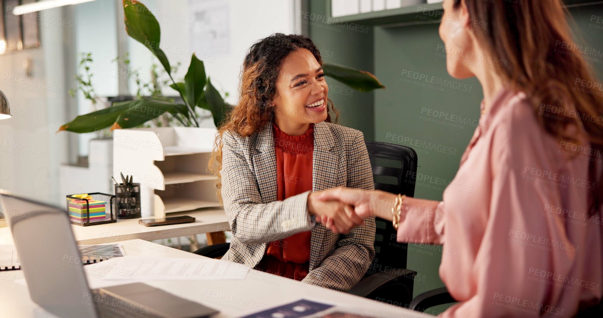 Buy stock photo Business women, handshake and smile in office with deal, thanks and goals with performance at startup. People, shaking hands and happy for agreement, promotion and congratulations at creative agency