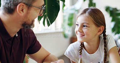 Buy stock photo Home, dad and happy with girl for bonding or babysitting with support, trust and care. Apartment, people and family with smile or laugh for funny story, conversation and fun for child development