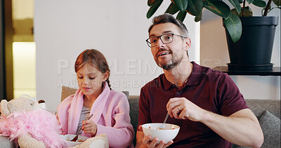 Buy stock photo Dad, girl and salad in living room for breakfast, lunch and meal bonding at home together. Happy family, father and child with food for healthy diet, hunger and nutrition with morning routine smile