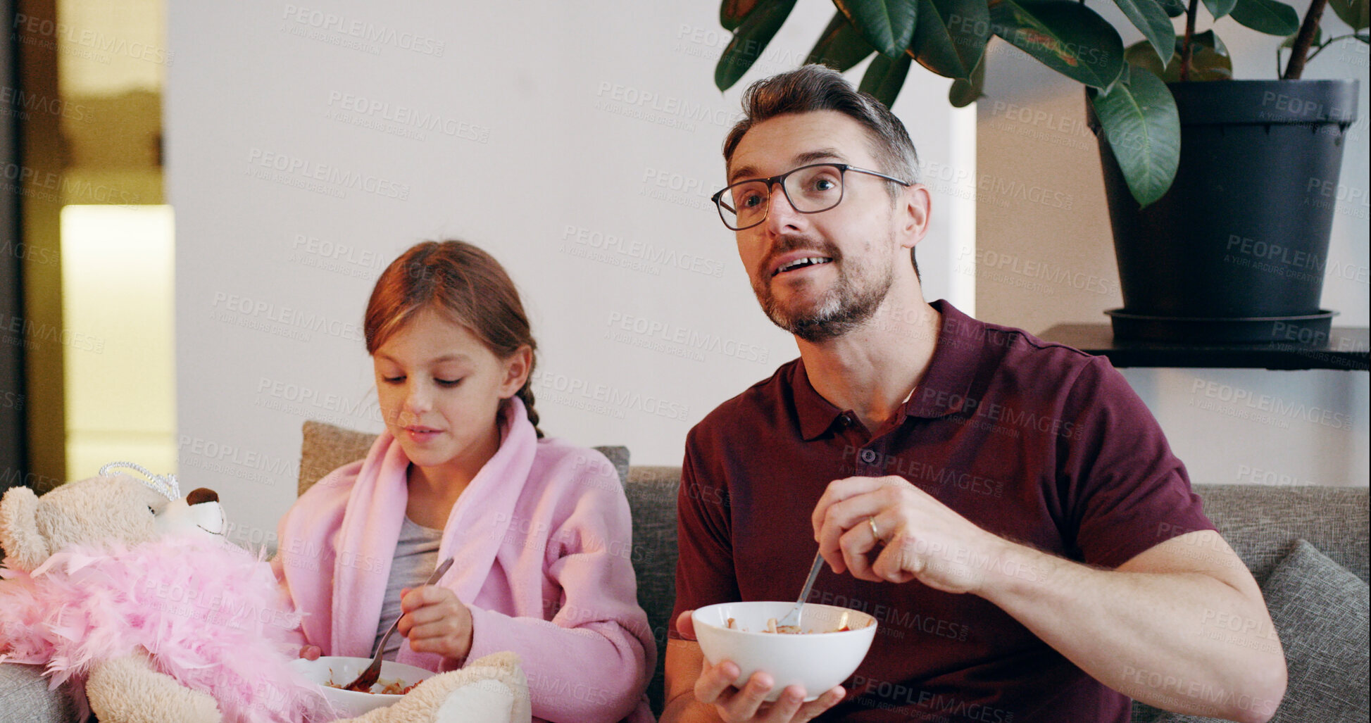 Buy stock photo Dad, girl and salad in living room for breakfast, lunch and meal bonding at home together. Happy family, father and child with food for healthy diet, hunger and nutrition with morning routine smile