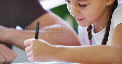Buy stock photo Writing, parent and child with homework, home and studying for project, joy and education for daughter. House, learning and notes for assignment, family and girl with knowledge, growth or development