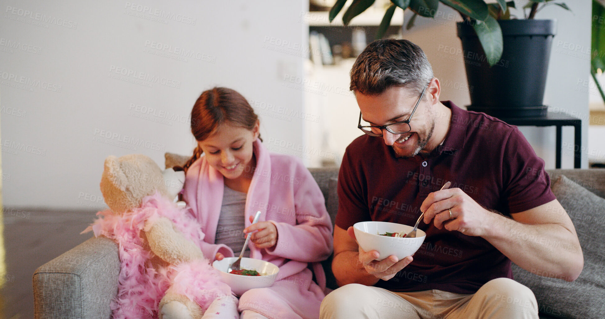 Buy stock photo Father, girl and salad in living room for breakfast, lunch and meal bonding at home together. Happy family, dad and child with food for healthy diet, hunger and nutrition with morning routine smile