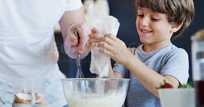 Buy stock photo Child, baking and kitchen with parent help, support and love in family home with cooking. Learning, happy and bowl for cake with bonding, smile and youth development with ingredients and dessert