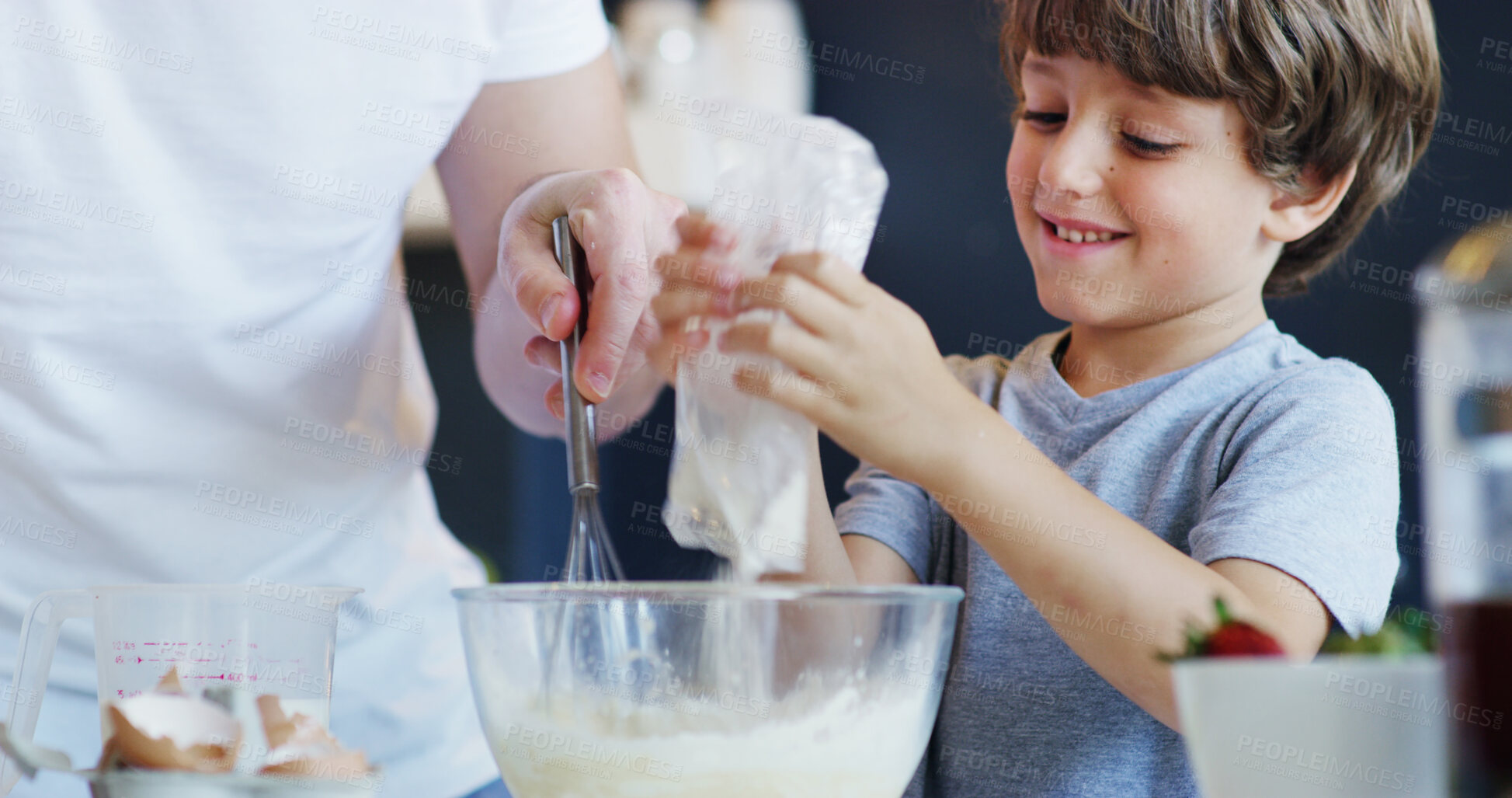 Buy stock photo Child, baking and kitchen with parent help, support and love in family home with cooking. Learning, happy and bowl for cake with bonding, smile and youth development with ingredients and dessert