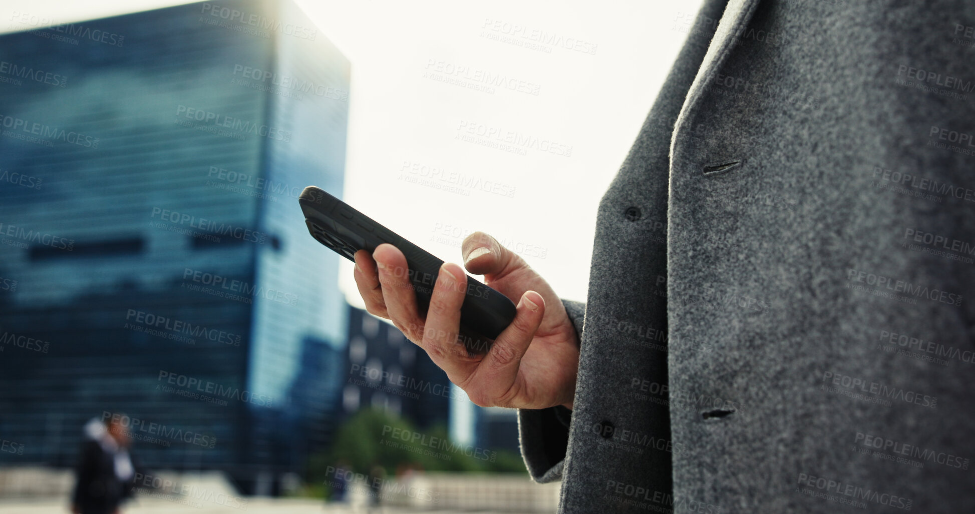 Buy stock photo Message, outdoor and hand with smartphone, city and networking with contact, corporate and typing. Browsing, tech and person with mobile, communication and texting for business, legal and lawyer