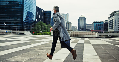 Buy stock photo Late, businessman and running in the city for travel, commute and rush for corporate meeting outdoor. Urban, male person and manager in hurry for appointment, project deal and journey to workplace