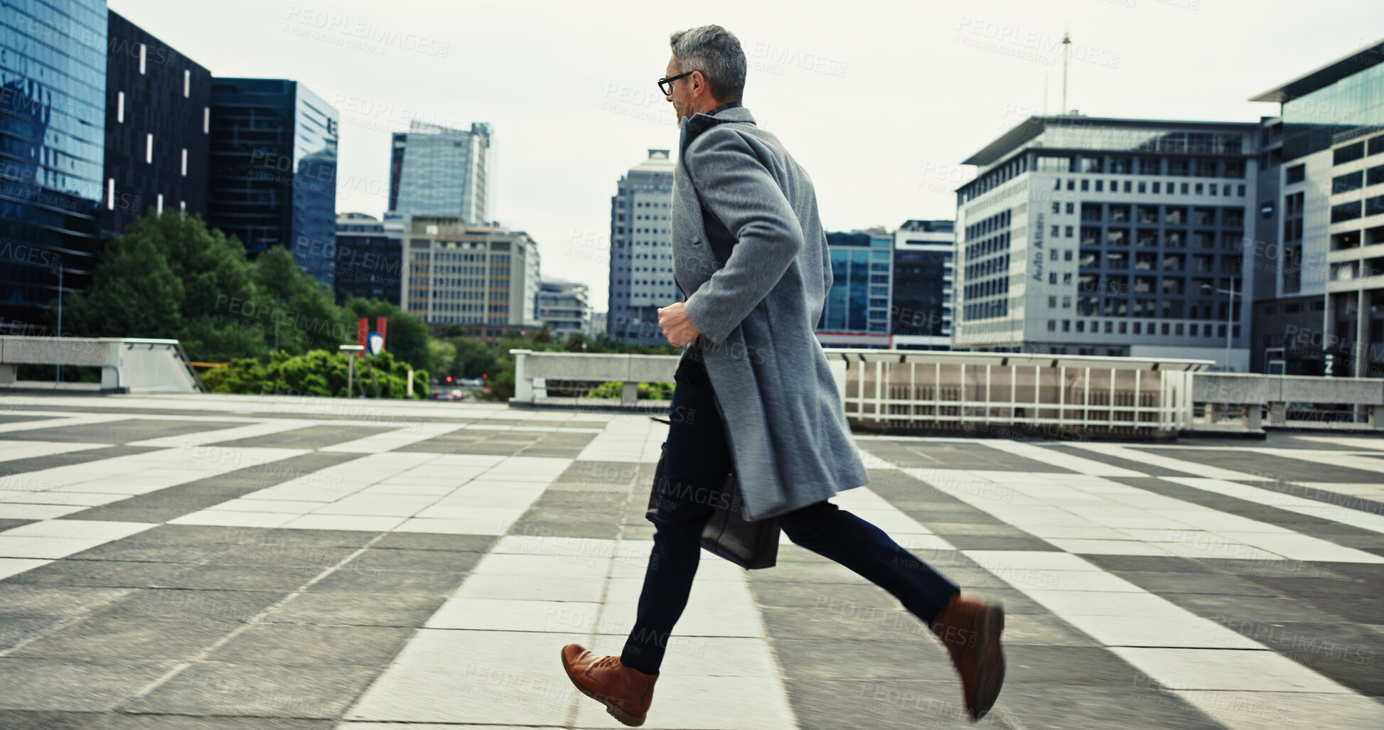 Buy stock photo Rush, businessman and running in the city for travel, commute and late for corporate meeting outdoor. Urban, mature person and manager in hurry for appointment, project deal and journey to workplace