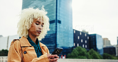 Buy stock photo Business, woman and typing with phone outdoor for communication, travel location and transport service. Female person, mobile and contact with texting, networking and reading notification in city