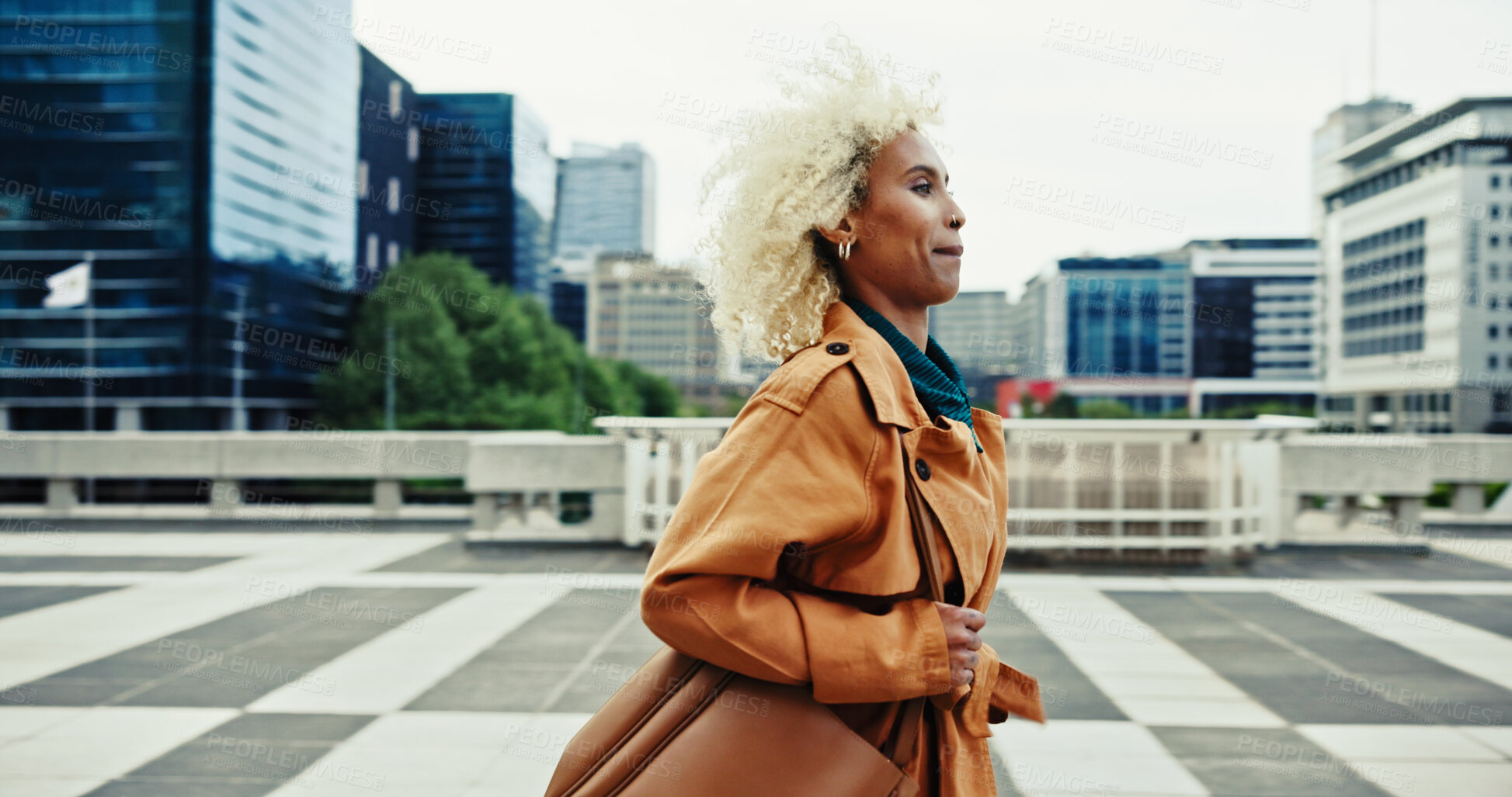 Buy stock photo Rush, businesswoman and running in the city for travel, commute and late for corporate meeting outdoor. Urban, female person and worker in hurry for appointment, project deal and journey to workplace