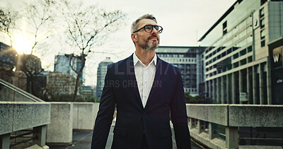 Buy stock photo Business man, thinking and commute in city for journey, work and start of day in morning with travel. Realtor, walking and vision as mature worker with buildings, real estate agent or property search