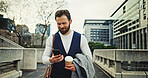 Coffee, commute and phone with businessman in city, outdoor for communication, networking or travel. App, corporate and location with professional employee in urban town to search for directions 