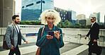 Corporate, woman and typing with phone outdoor for communication, travel location and transport service. People, walking and mobile contact of texting app, networking and reading notification in city