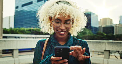 Buy stock photo Business, girl and typing with phone outdoor for communication, travel location and transport service. Woman, mobile app and contact with texting feedback, networking and reading notification in city