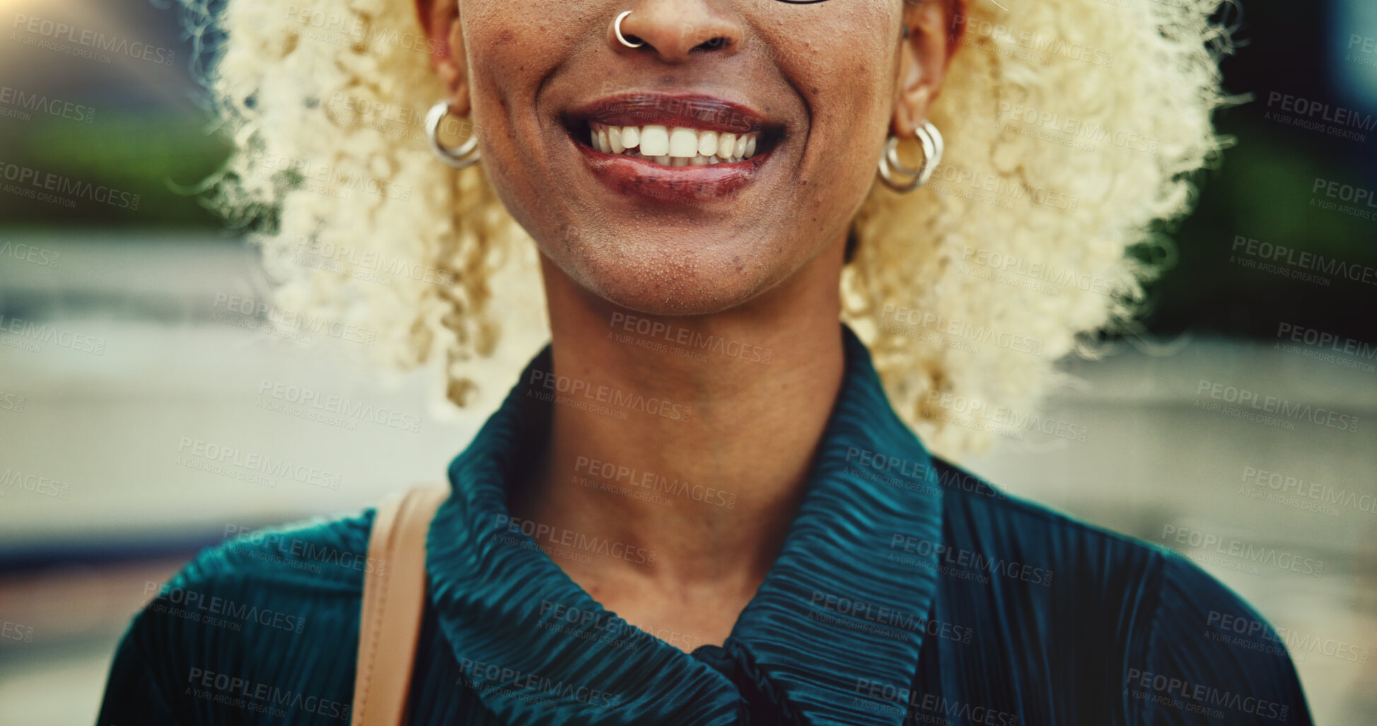 Buy stock photo Happy, outdoor and person with smile, commuting and businesswoman in city, job opportunity and joy. Ambitious, cheerful and internship for journalism, creative and travel for work and morning