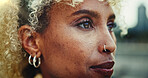 Closeup, thinking and business woman in city for vision, insight and idea in profile. African professional, face and urban planning outdoor for problem solving, evaluation and development opportunity