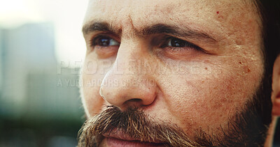 Buy stock photo Closeup, thinking and man in city for vision, insight and mindset for inspiration, dream or reflection. Face, urban and person planning outdoor for future ideas, decision or problem solving with zoom