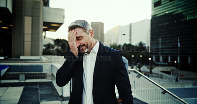 Buy stock photo Frustrated, businessman or jobless with debt in city for financial loss, corporate bankuptcy or crisis. Mature, man or investor with headache, stress or mistake for company liquidation in urban town