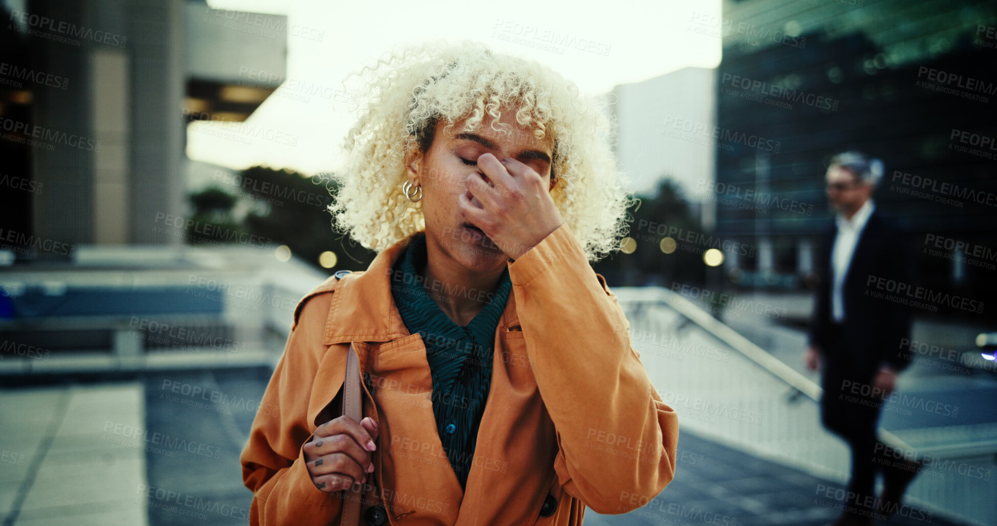 Buy stock photo Business woman, stress and walking in city for investment mistake, project deadline and corporate crisis. Employee, anxiety and commute in urban town for bad news, bankruptcy or headache with burnout