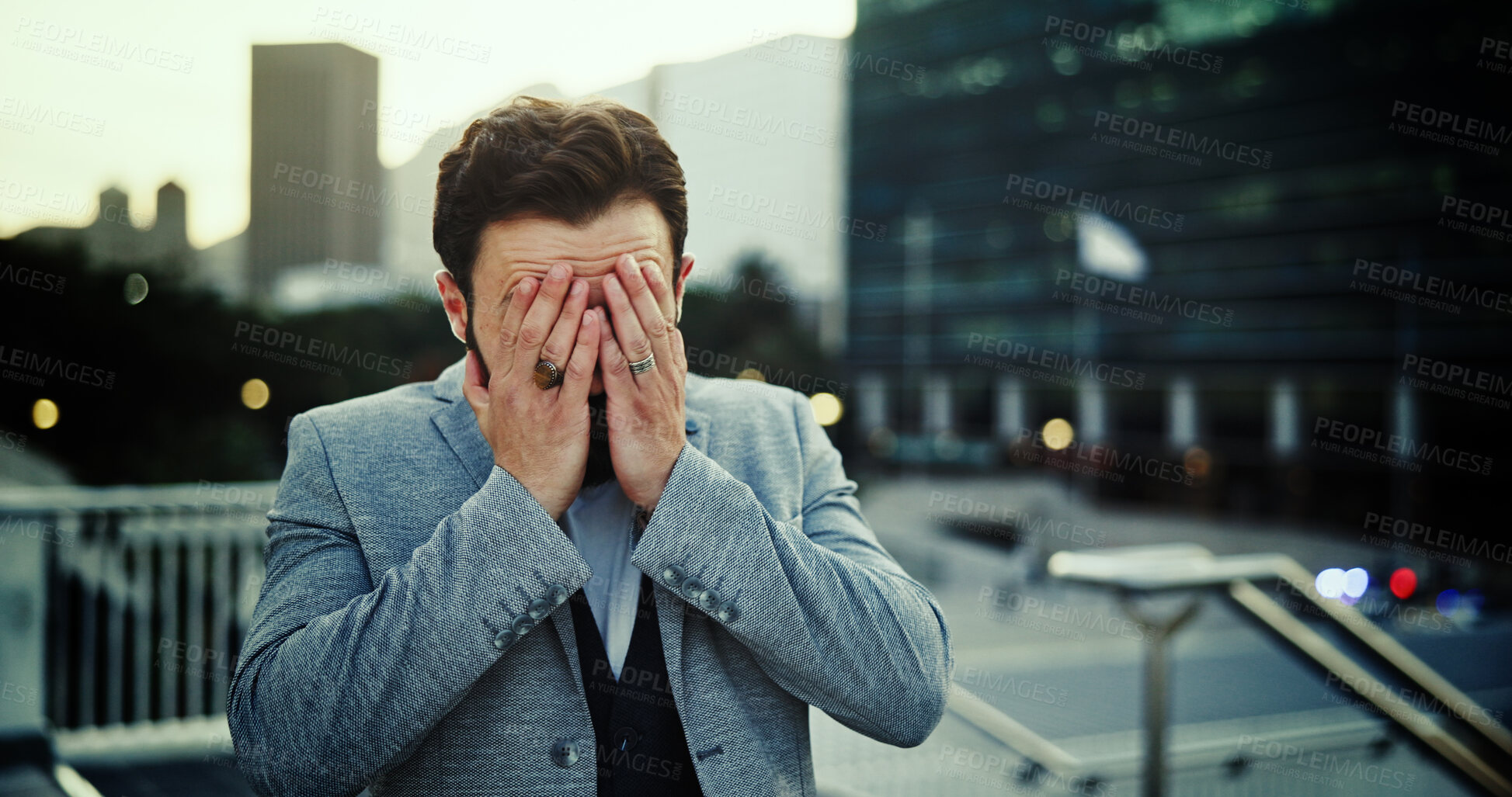 Buy stock photo Business man, stress and walking in city for investment mistake, project deadline and corporate crisis. Employee, anxiety and commute in urban town for bad news, bankruptcy and headache with burnout