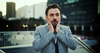Buy stock photo Business man, burnout and walking in city for investment mistake, project deadline and corporate crisis. Employee, anxiety and commute in urban town for bad news, bankruptcy and headache with stress
