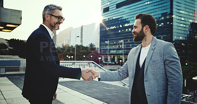 Buy stock photo Business, men and handshake for success in city with partnership, introduction and agreement deal. People, welcome and travel support with negotiation offer, b2b opportunity and promotion onboarding