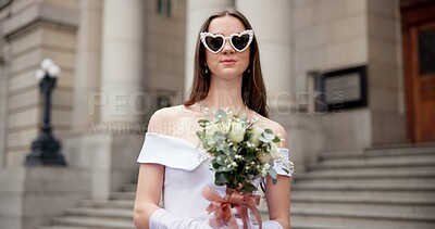 Buy stock photo Wedding, sunglasses and portrait of woman with bouquet in city for marriage ceremony, celebration and love. Commitment, romance and happy bride with flowers, white roses and fashion at courthouse