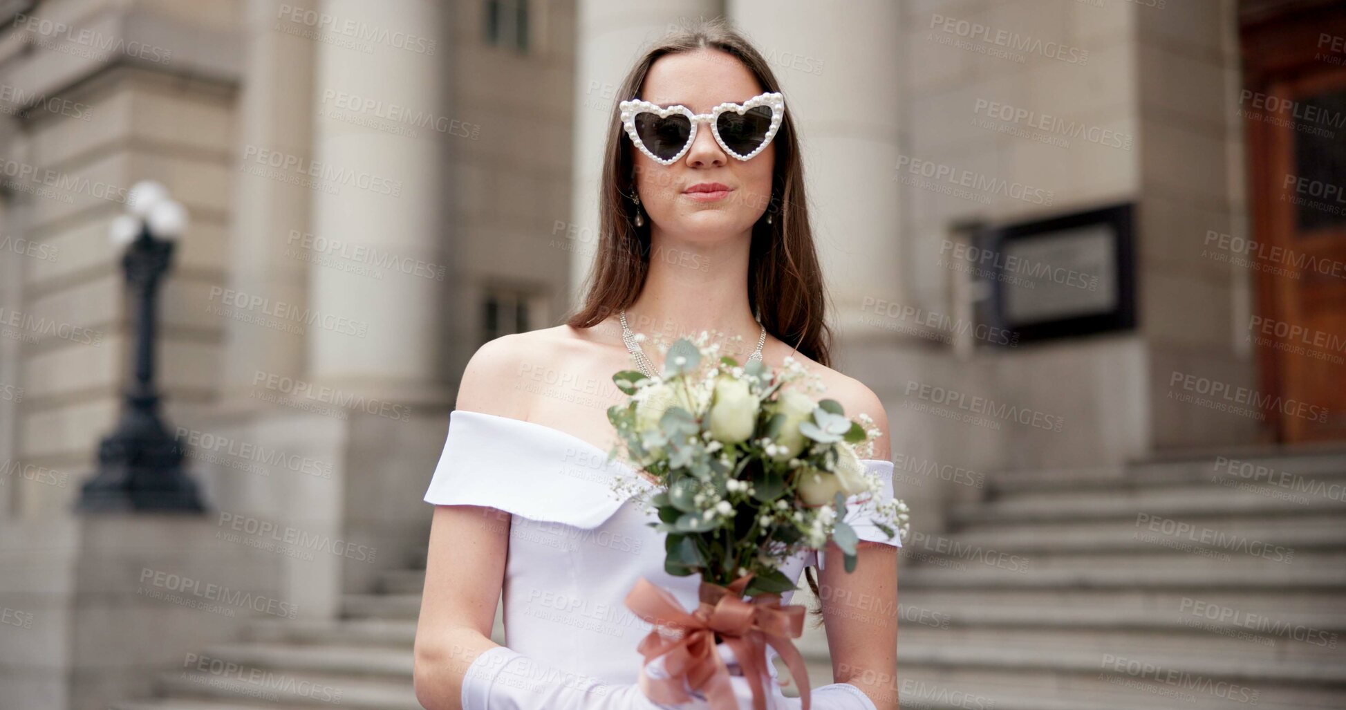Buy stock photo Wedding, sunglasses and portrait of woman with bouquet in city for marriage ceremony, celebration and love. Commitment, romance and happy bride with flowers, white roses and fashion at courthouse