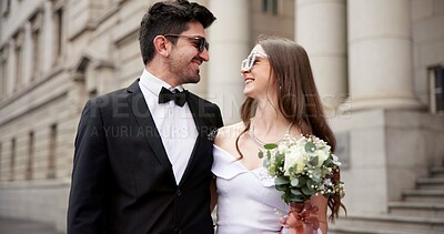 Buy stock photo Wedding, fashion and couple in city for love at marriage ceremony, celebration and event. Romance, affection and man and woman with style for commitment, partnership and promise for court certificate