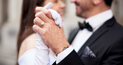 Buy stock photo City, holding hands and couple at wedding with dance, ring and bride with groom in street together. Urban romance, man and woman with court marriage, commitment and happy outdoor celebration of love