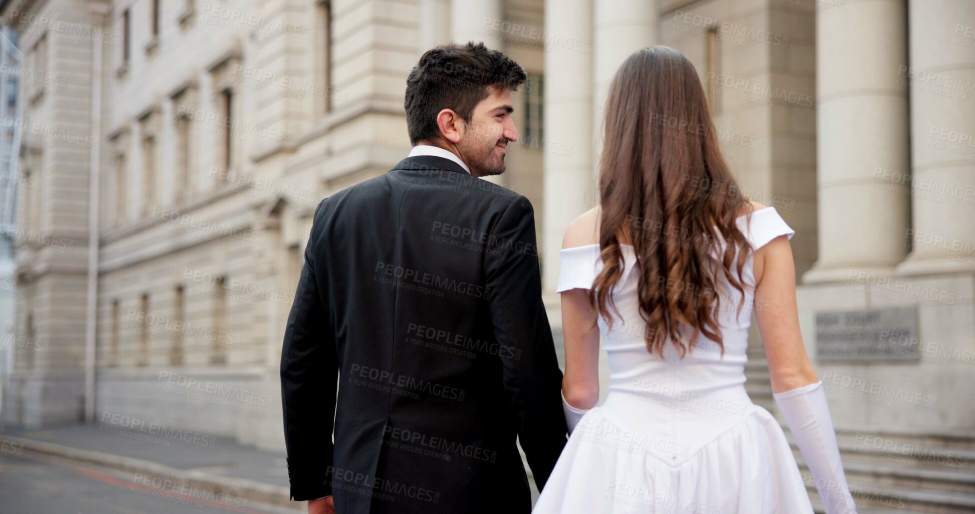Buy stock photo City, building and couple at wedding with love, walking and bride with groom in street together from back. Urban romance, man and woman with court marriage, commitment and happy outdoor celebration.