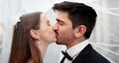 Buy stock photo Couple, wedding and kiss outdoor with veil for memory, love and event for milestone with relationship. Woman, man and connection with celebration, romance and civil union with marriage in Greece