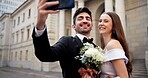 Wedding, city and selfie with smile on street at courthouse with bride, love and bouquet for celebration. Social media, profile picture and marriage event for commitment, loyalty and trust together