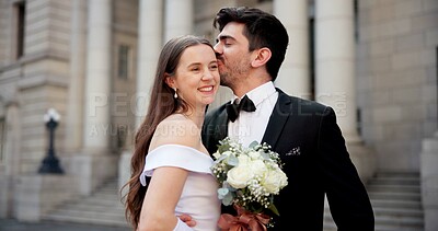 Buy stock photo Wedding, happy and couple in city kiss at marriage ceremony, celebration and love event. Romance, affection and man and woman embrace for commitment, partnership and promise for court certificate