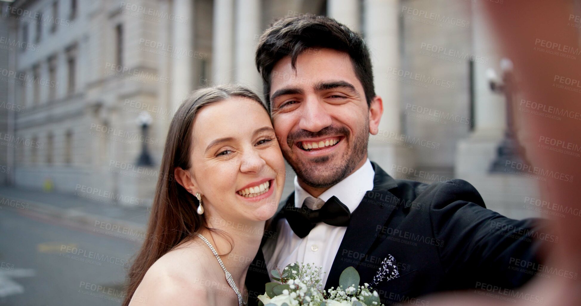 Buy stock photo Wedding, city and selfie with happy people on street at courthouse with bride, love and bouquet for celebration. Social media, profile picture and marriage for commitment, loyalty and trust together