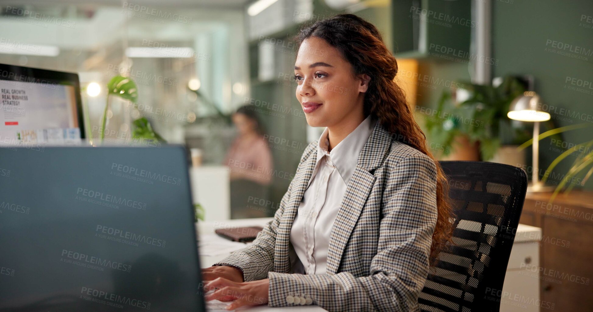 Buy stock photo Business, woman and happy at office on computer with research for creative writing as magazine editor. Female person, employee and smile or satisfied on website or internet for online article