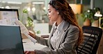 Business, woman and reading document office of project information, review budget report and schedule. Smile, girl and typing on computer of finance paperwork, investment feedback and proposal update