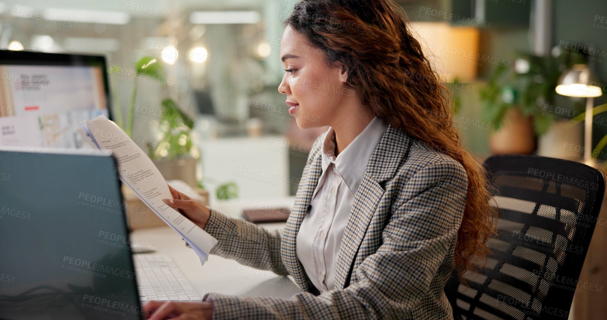 Buy stock photo Business, woman and reading document office of project information, review budget report and schedule. Smile, girl and typing on computer of finance paperwork, investment feedback and proposal update